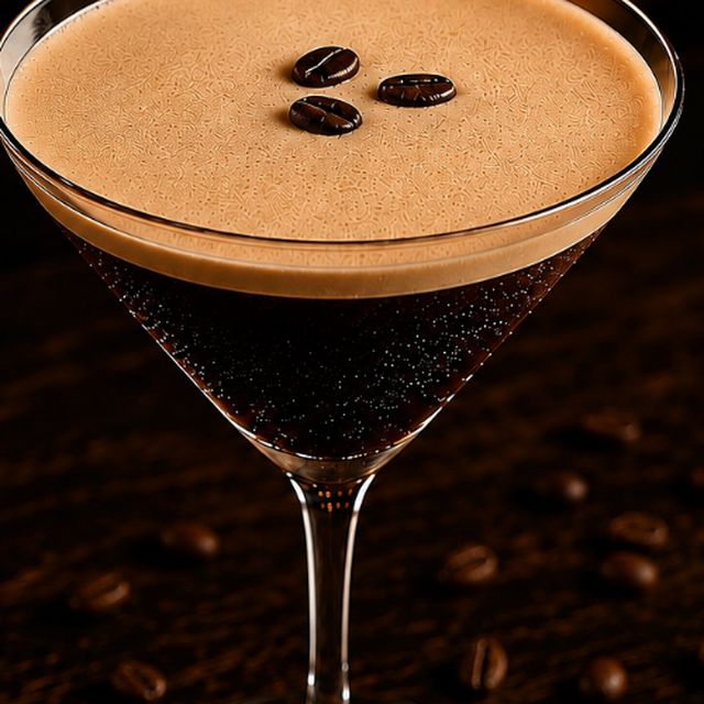 El Cappuccino Martini (espresso martini) topped with crema and three coffee beans