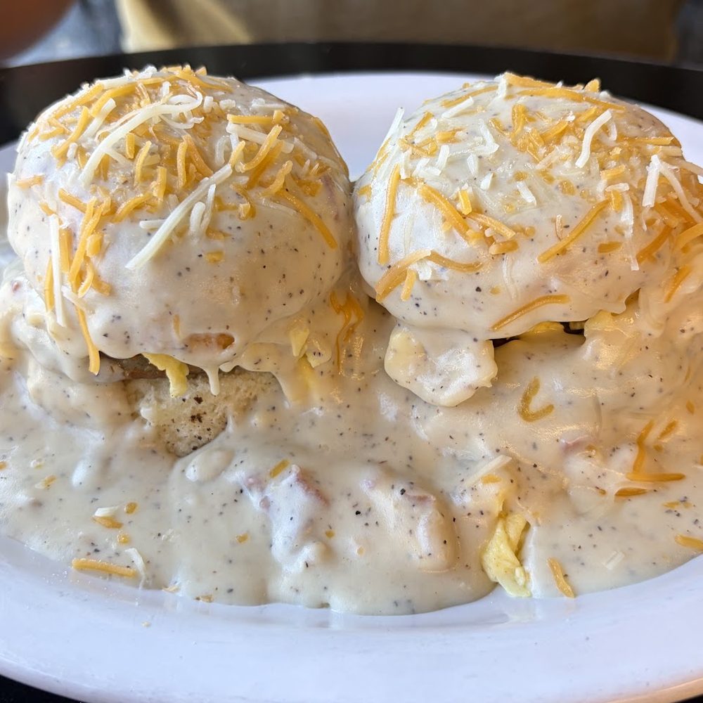 El Cappuccino’s loaded biscuits and gravy topped with shredded cheese